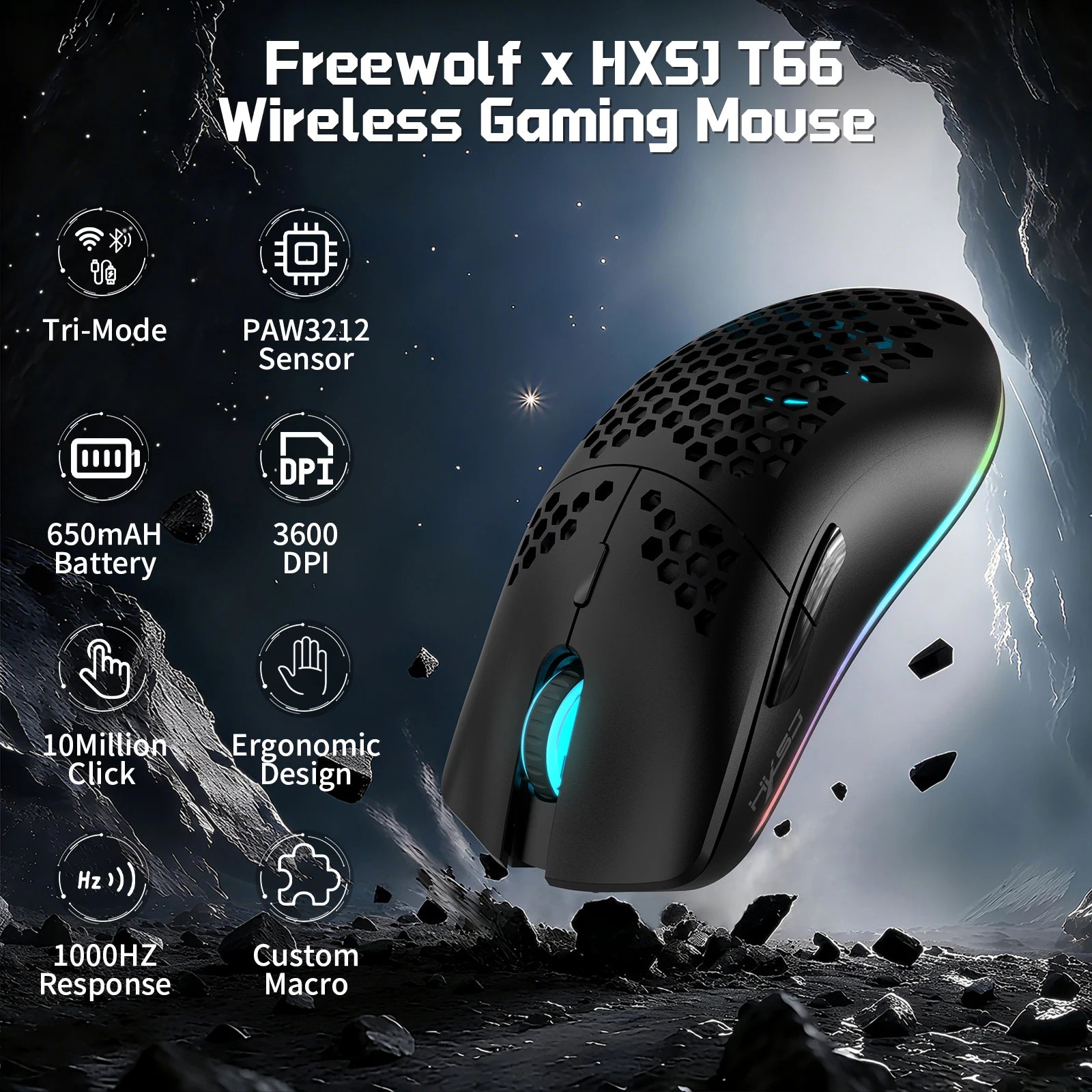 ZAIYNE T66 RGB Wireless Gaming Mouse – Honeycomb Shell, Macro Programmable, 650mAh Battery