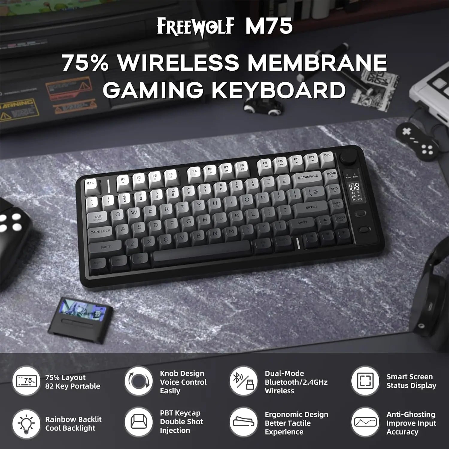 M75 Wireless RGB Gaming Keyboard – 75% Layout, OLED Display, Knob Control, Bluetooth + 2.4GHz