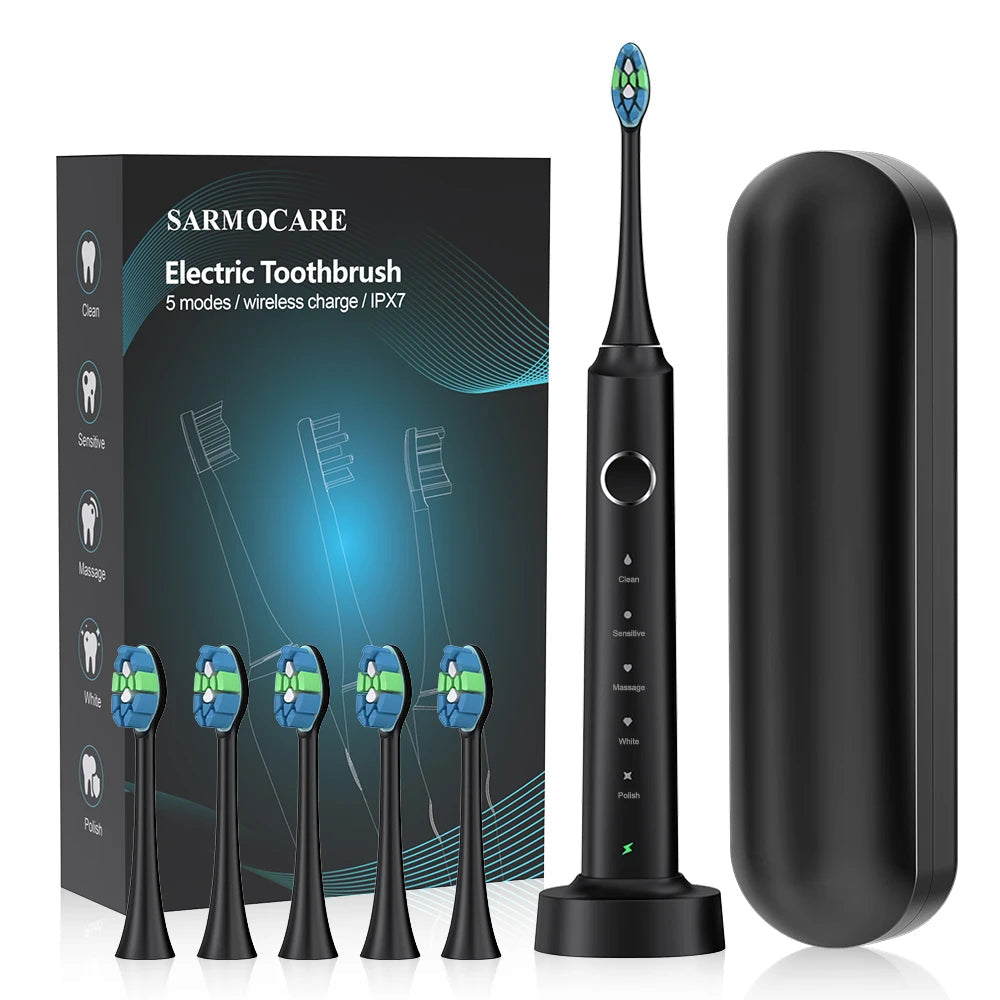 Electric Sonic Toothbrush with 6 Replacement Heads – Waterproof Design
