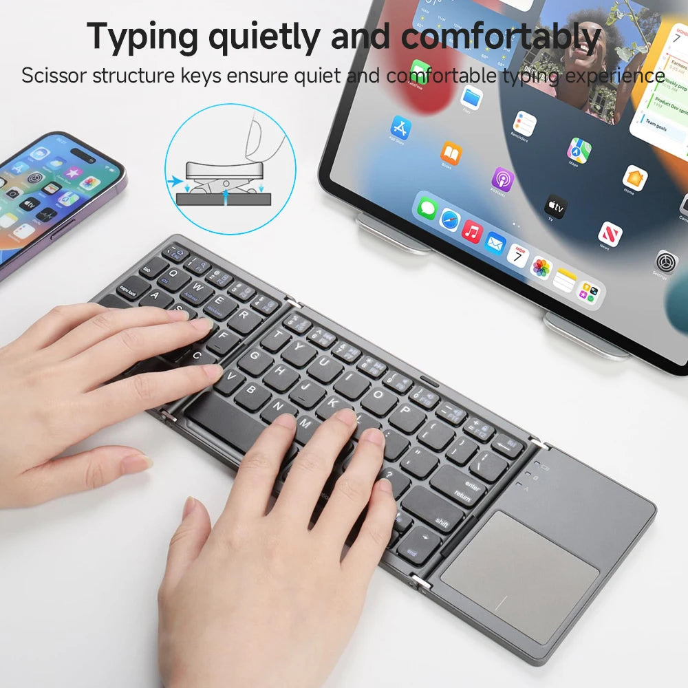 Mini Foldable Bluetooth Keyboard with Touchpad – 3-Fold Wireless Travel Keyboard for Android/iOS/Windows | ZAIYNE