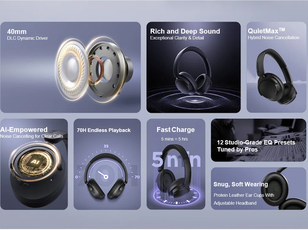 Wireless Over-Ear Headphones with Active Noise Cancelling & 70H Battery