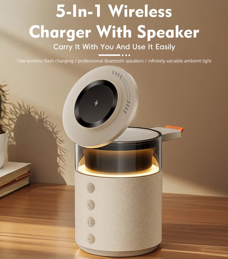 5-in-1 Magnetic Wireless Charging Station with Bluetooth Speaker & Night Light