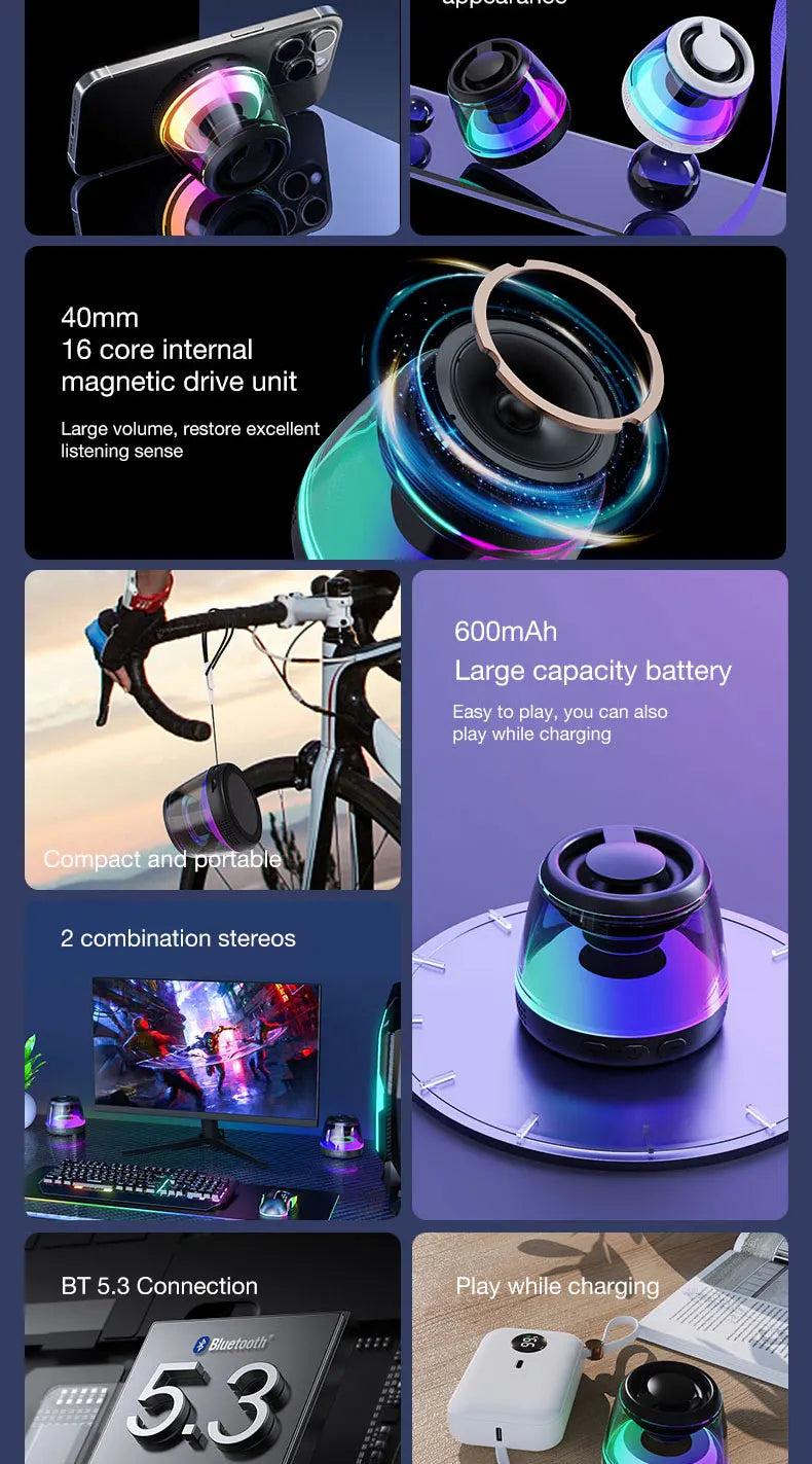 G200 RGB Mini Bluetooth Speaker – Magnetic Bass, 7H Playtime, Phone Holder
