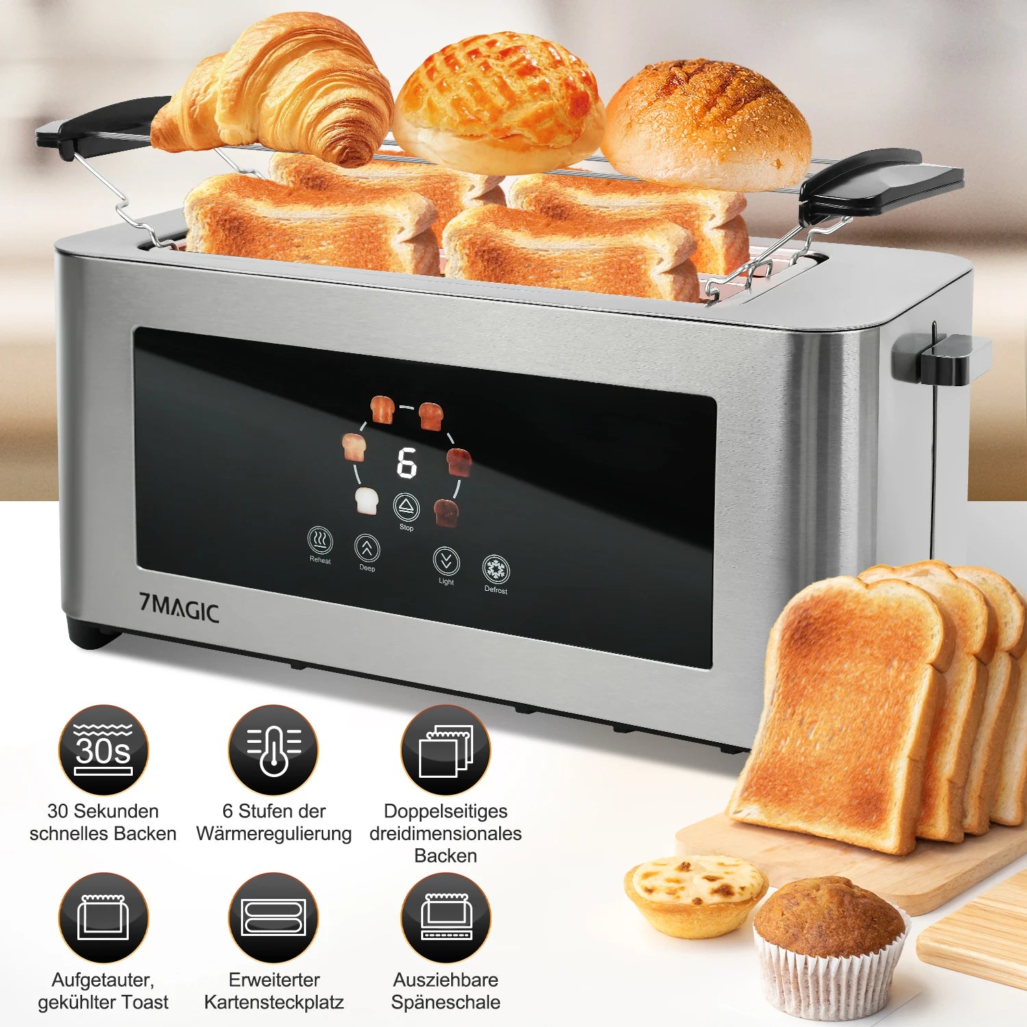 1400W Stainless Steel Toaster with Touchscreen & 7 Browning Levels – EU Plug