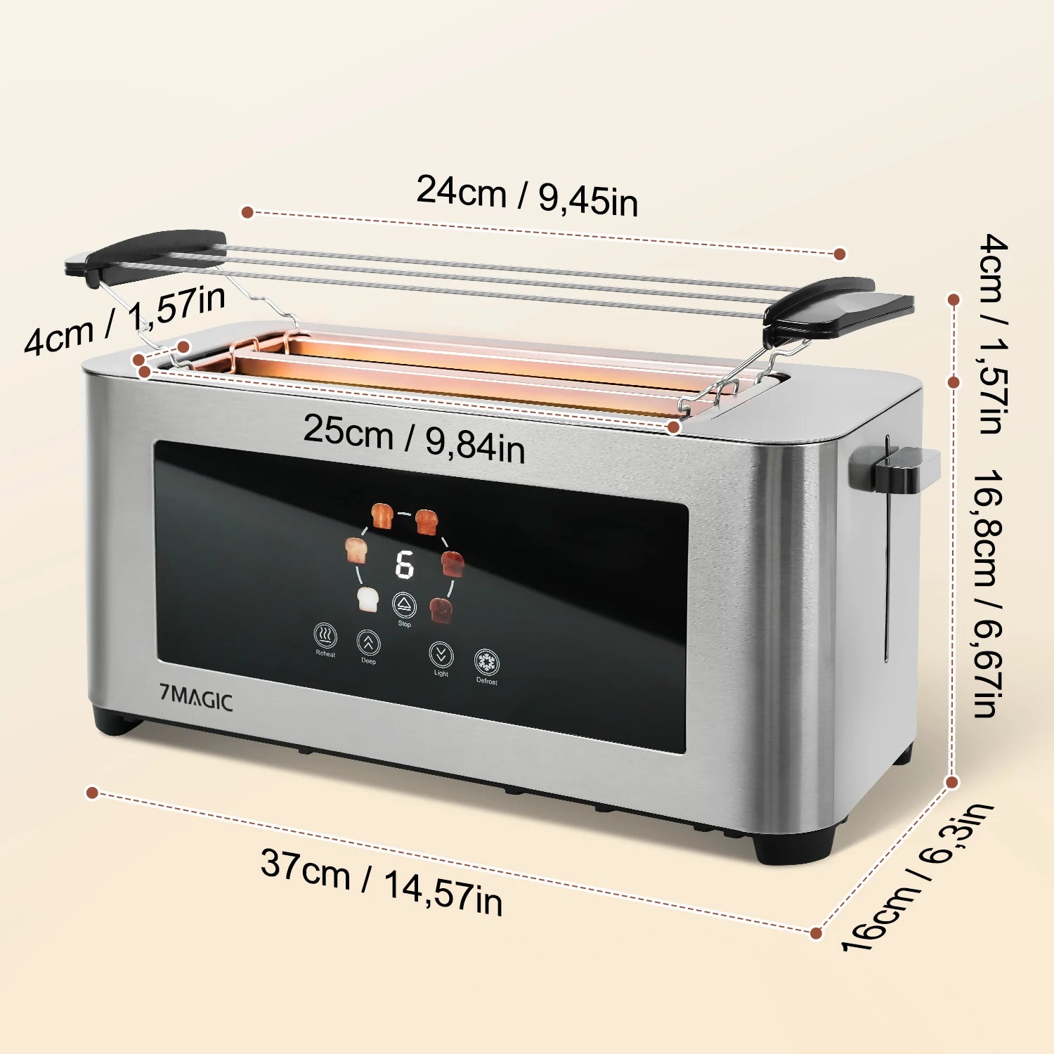 1400W Stainless Steel Toaster with Touchscreen & 7 Browning Levels – EU Plug