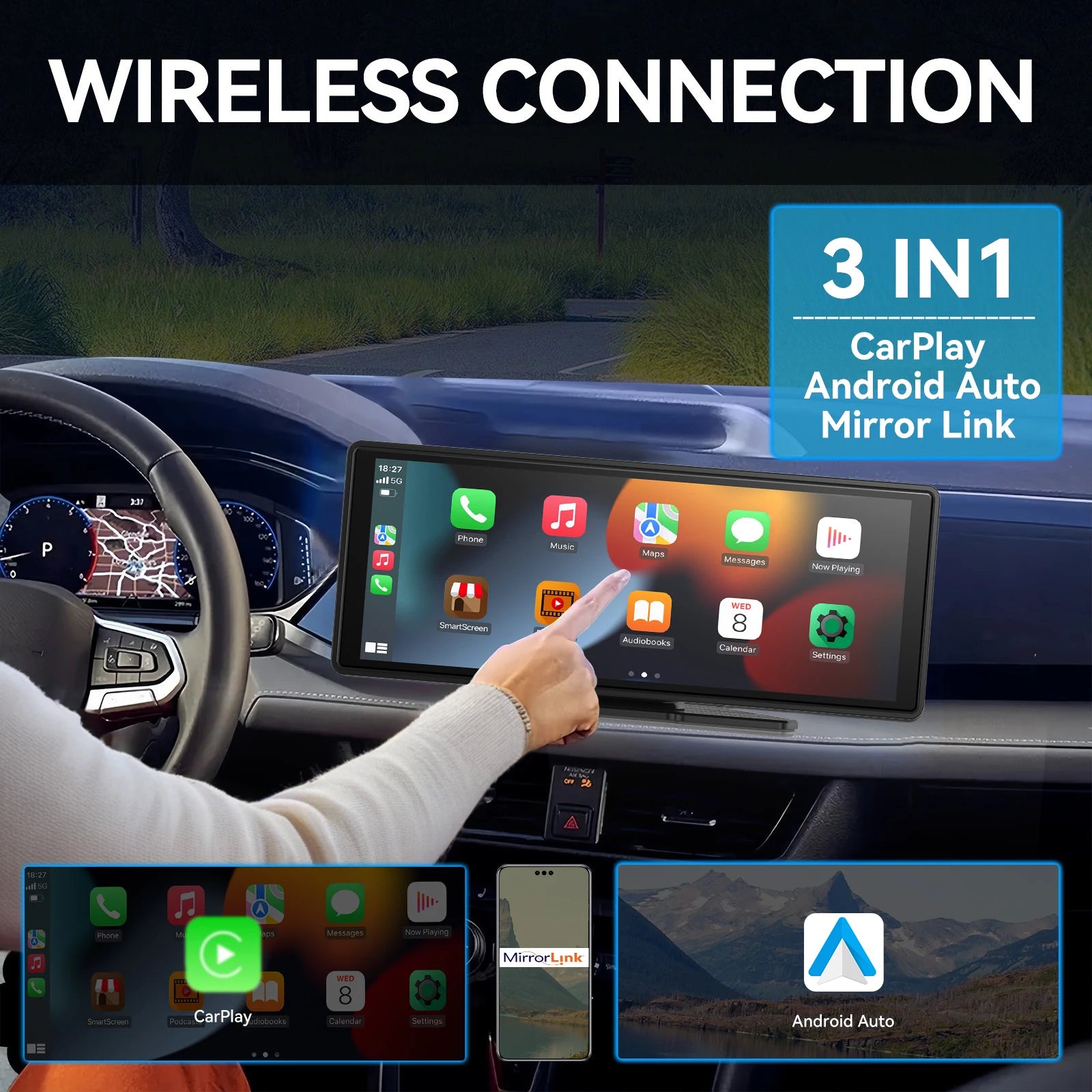 Portable Wireless CarPlay & Android Auto Display – 7" Touchscreen Smart Car Upgrade