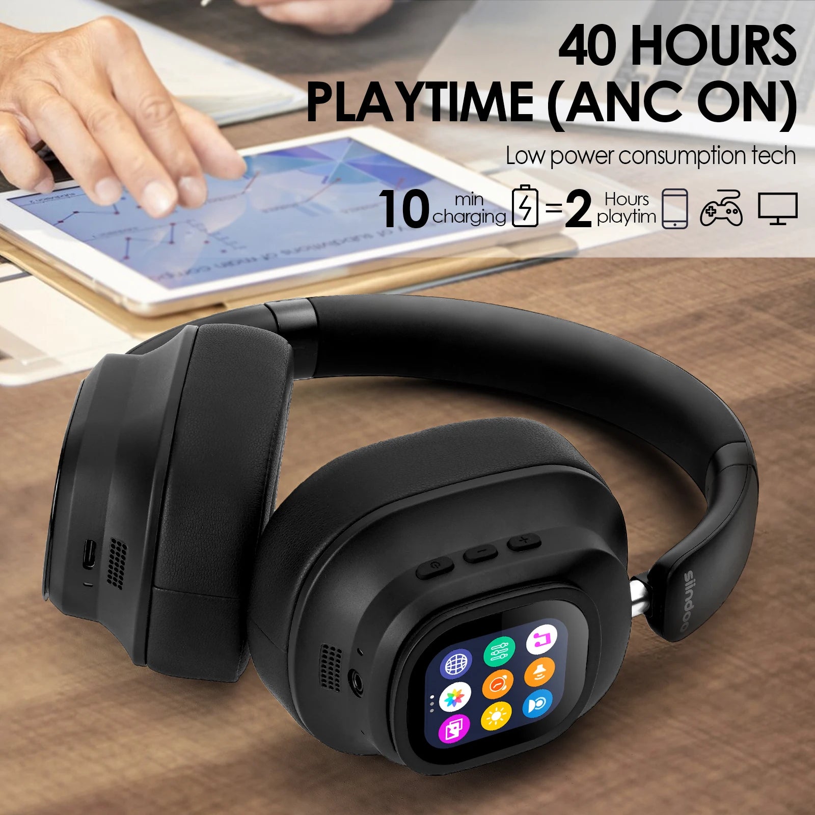 Siindoo JH-ANC930Plus Wireless ANC Headphones with LED Smart Display – Black