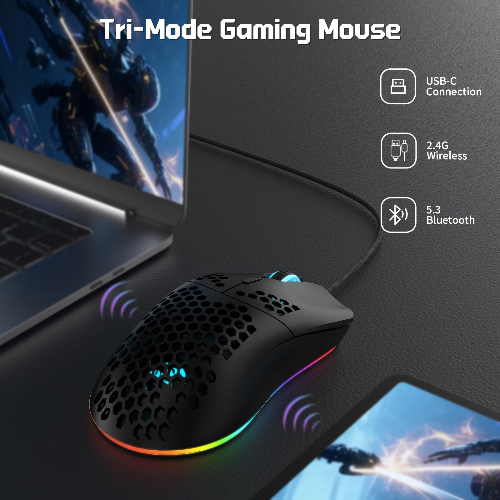 ZAIYNE T66 RGB Wireless Gaming Mouse – Honeycomb Shell, Macro Programmable, 650mAh Battery