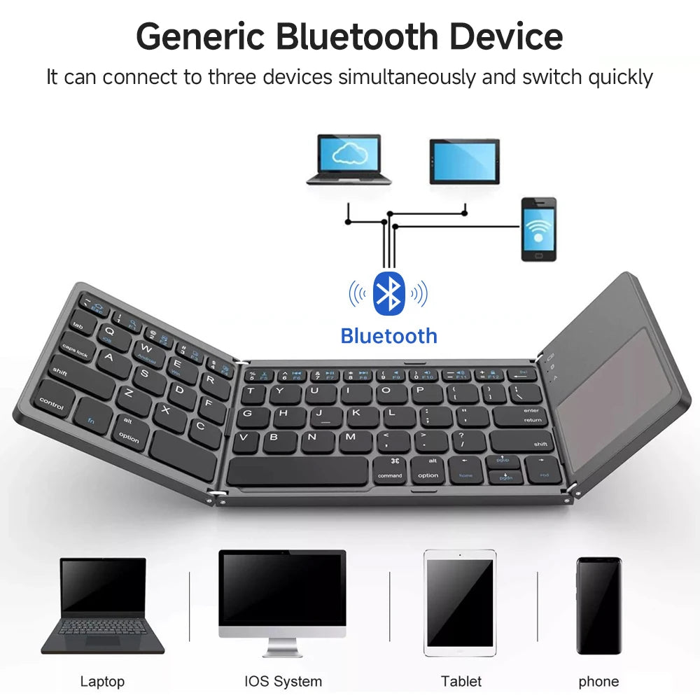 Mini Foldable Bluetooth Keyboard with Touchpad – 3-Fold Wireless Travel Keyboard for Android/iOS/Windows | ZAIYNE