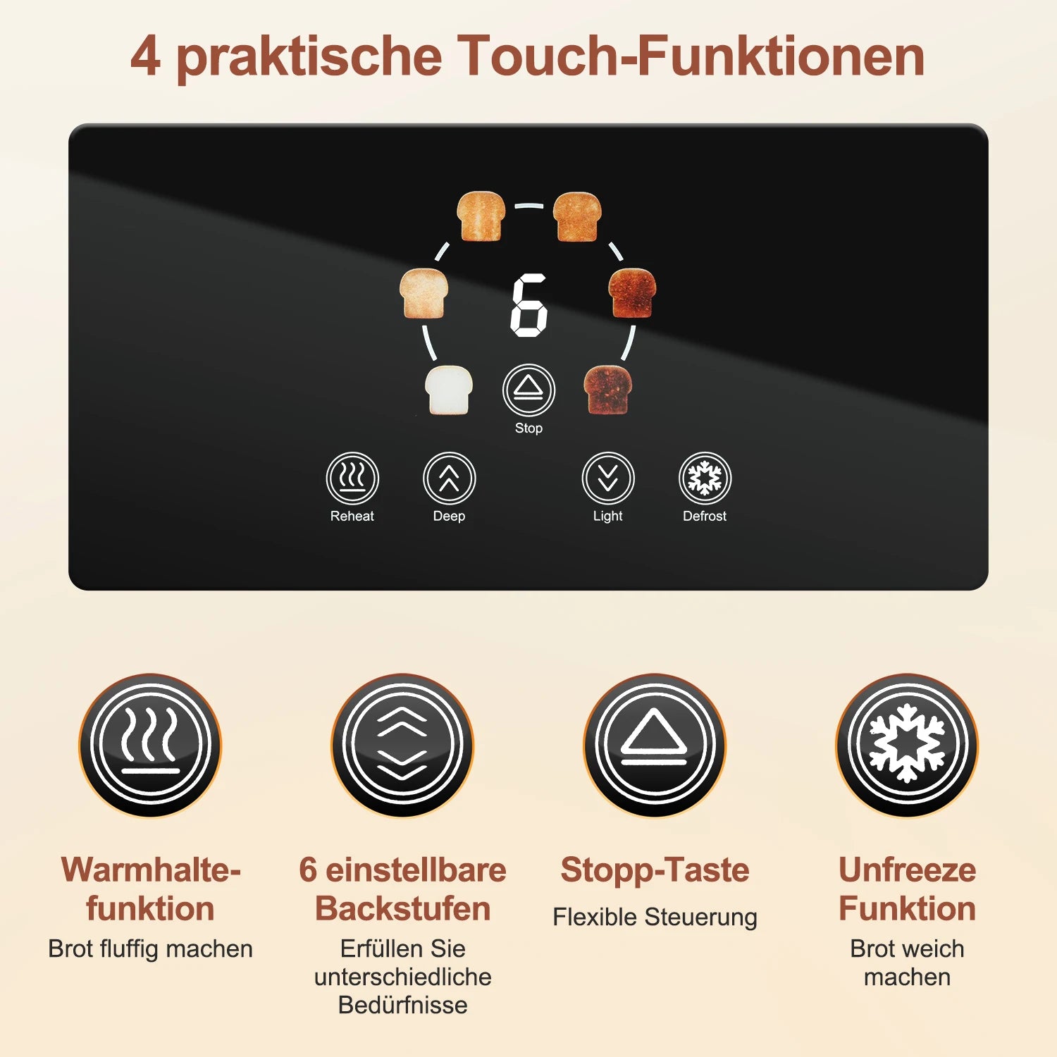 1400W Stainless Steel Toaster with Touchscreen & 7 Browning Levels – EU Plug