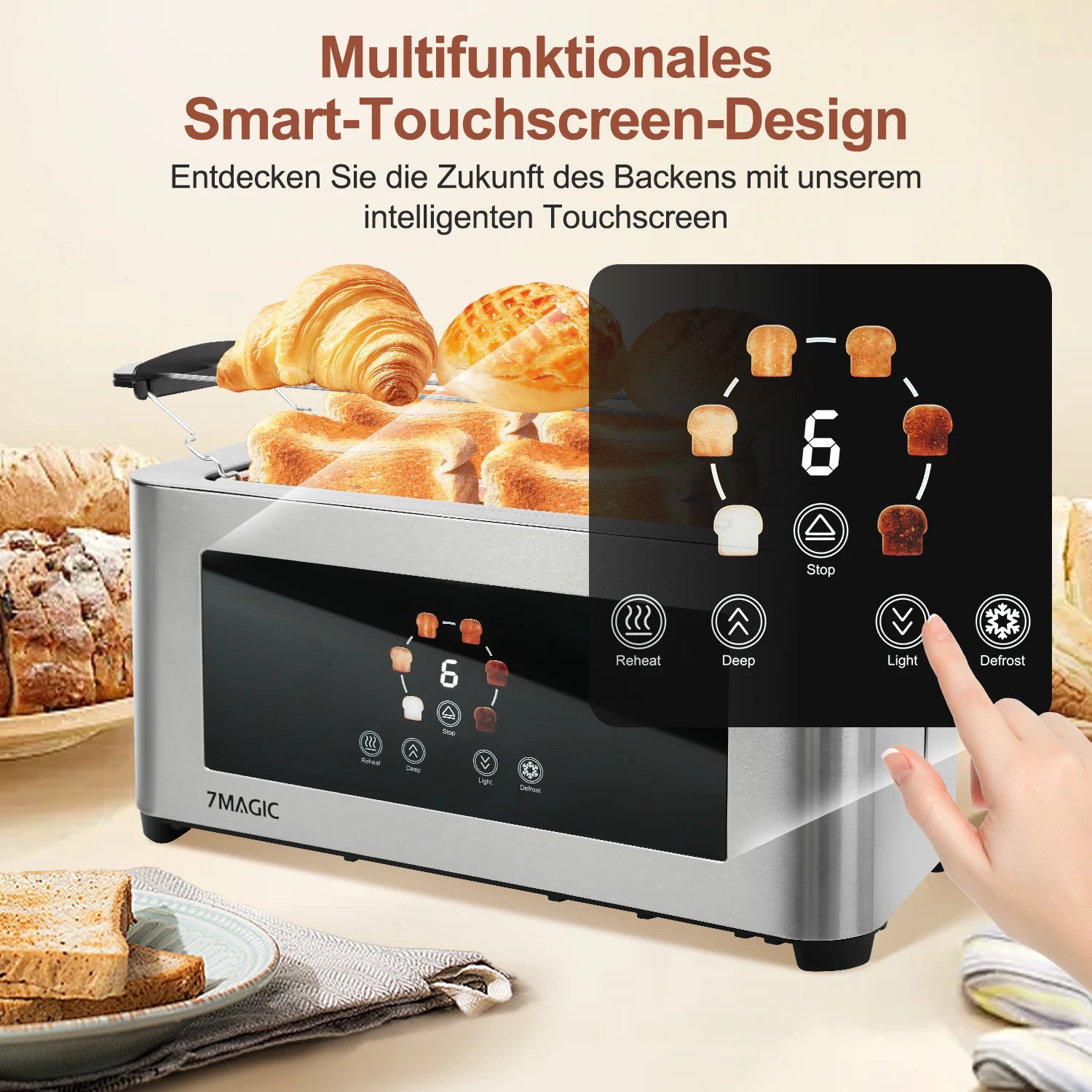 1400W Stainless Steel Toaster with Touchscreen & 7 Browning Levels – EU Plug