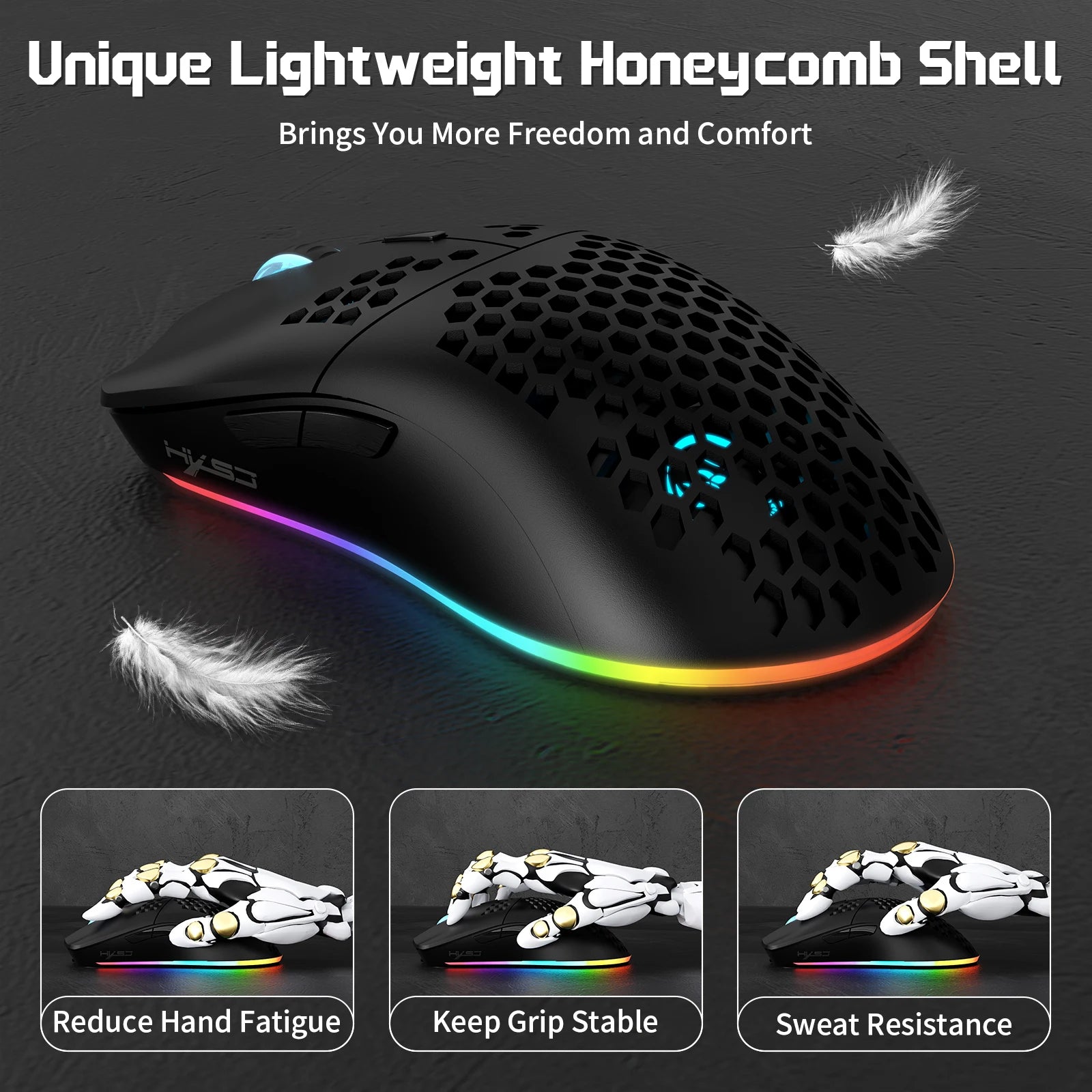 ZAIYNE T66 RGB Wireless Gaming Mouse – Honeycomb Shell, Macro Programmable, 650mAh Battery