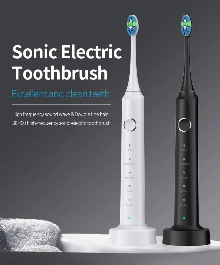 Electric Sonic Toothbrush with 6 Replacement Heads – Waterproof Design