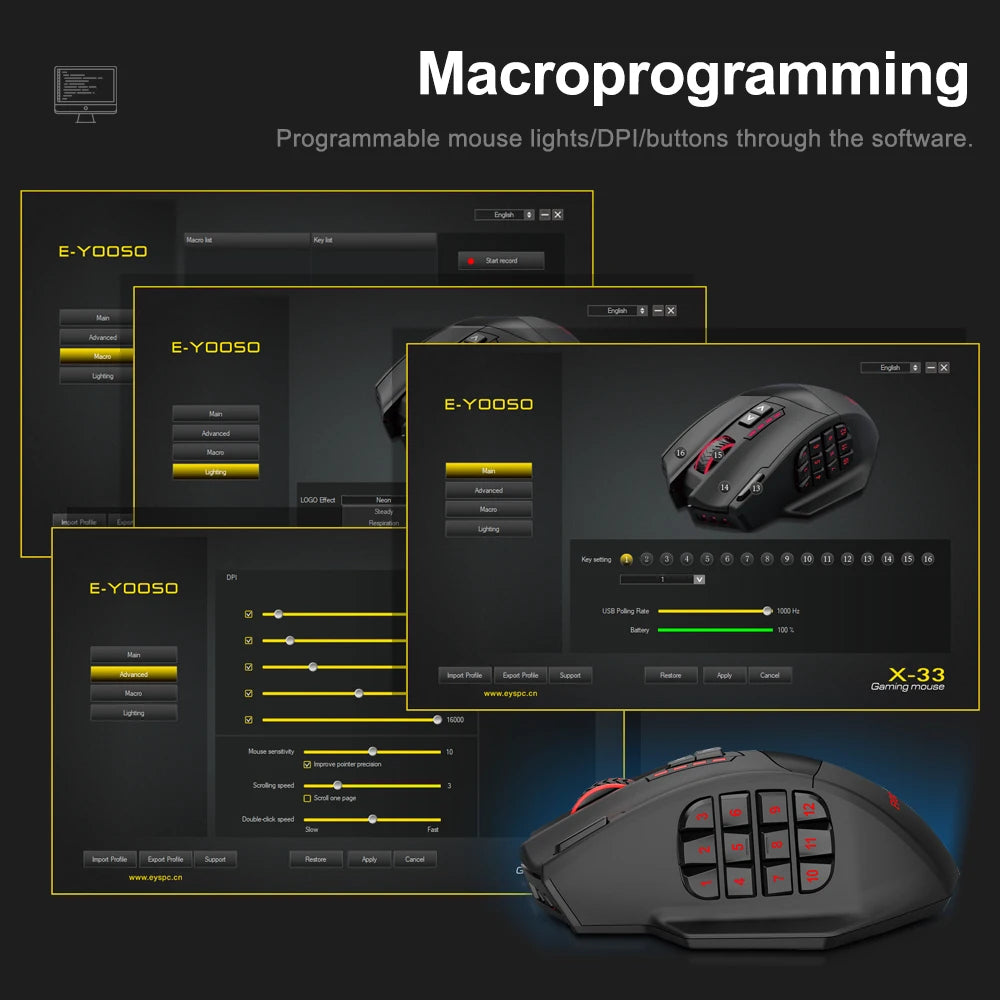 ZAIYNE X33 Pro – RGB Wireless MMO Mouse | 16 Buttons | 16000 DPI