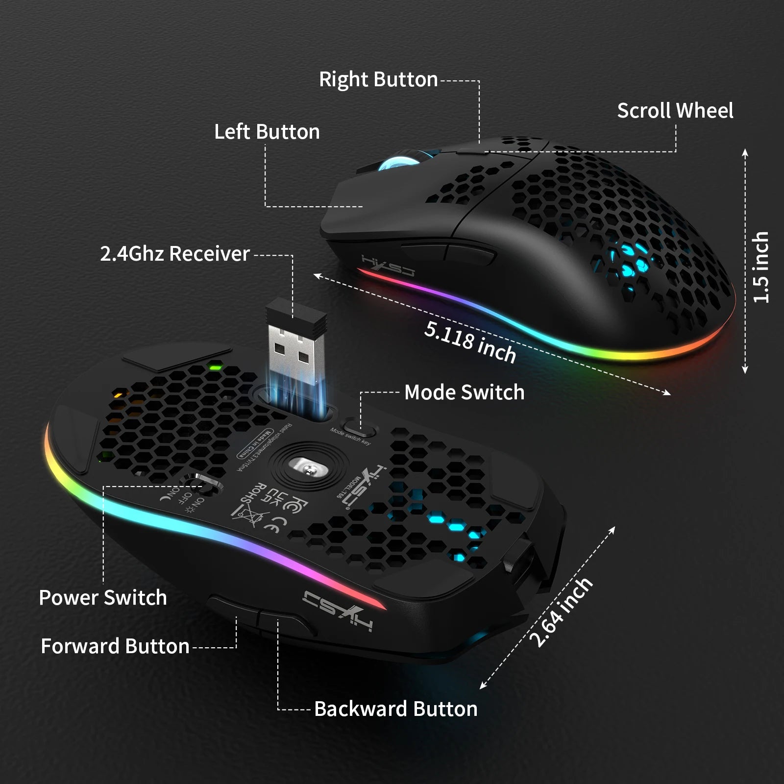 ZAIYNE T66 RGB Wireless Gaming Mouse – Honeycomb Shell, Macro Programmable, 650mAh Battery