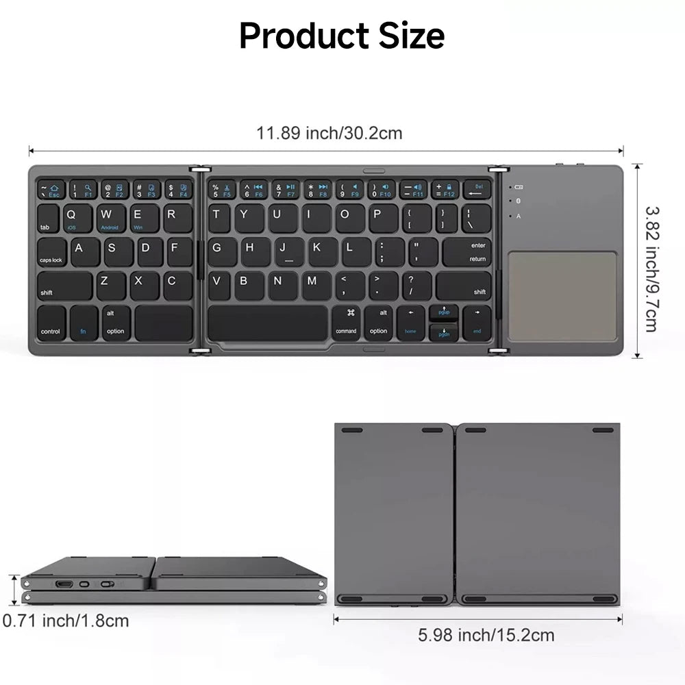 Mini Foldable Bluetooth Keyboard with Touchpad – 3-Fold Wireless Travel Keyboard for Android/iOS/Windows | ZAIYNE