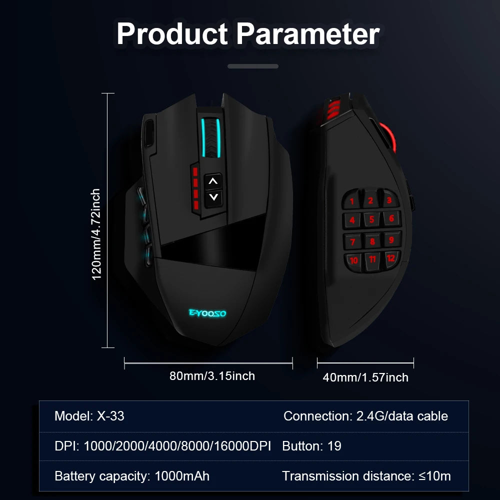 ZAIYNE X33 Pro – RGB Wireless MMO Mouse | 16 Buttons | 16000 DPI