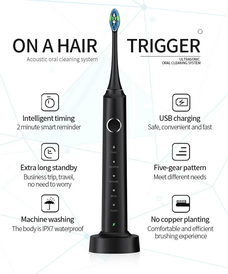 Electric Sonic Toothbrush with 6 Replacement Heads – Waterproof Design