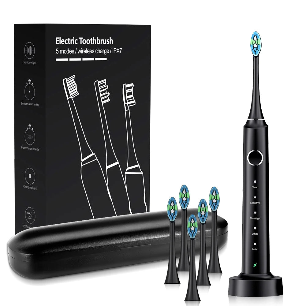 Electric Sonic Toothbrush with 6 Replacement Heads – Waterproof Design