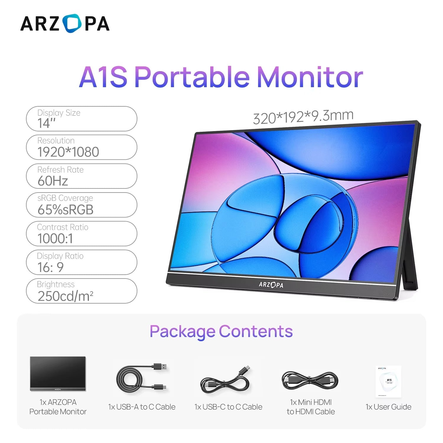 14.0" Portable Monitor – FHD 1080p IPS USB-C External Display for Laptop, MacBook, PC, PS5, Xbox & Nintendo Switch | ZAIYNE