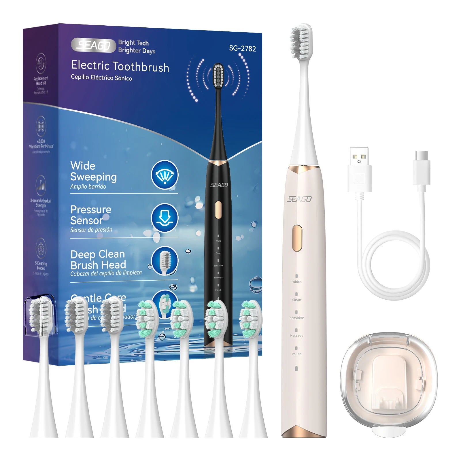 Electric Sonic Toothbrush – 8 Replacement Heads, Pressure Sensor & Timer