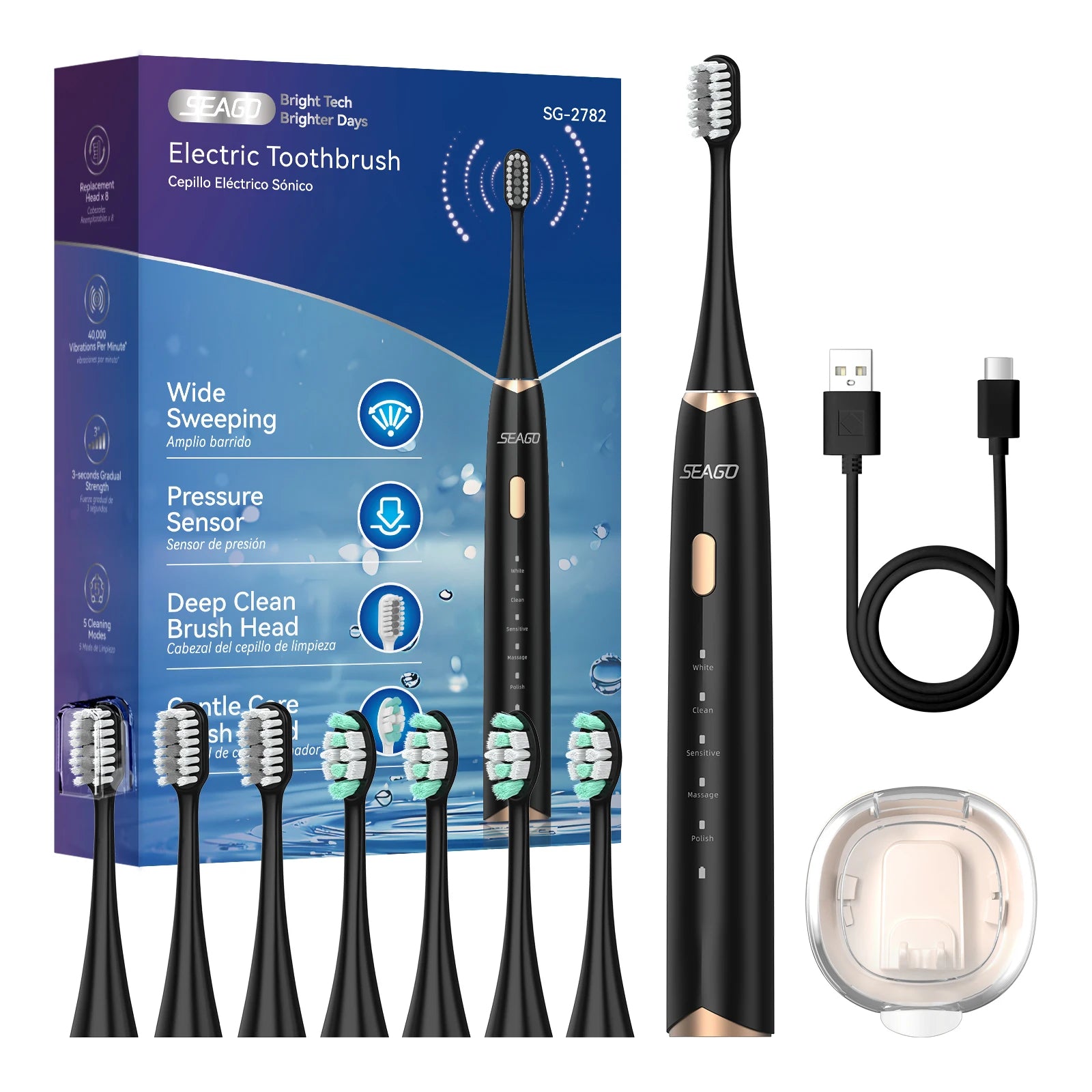 Electric Sonic Toothbrush – 8 Replacement Heads, Pressure Sensor & Timer