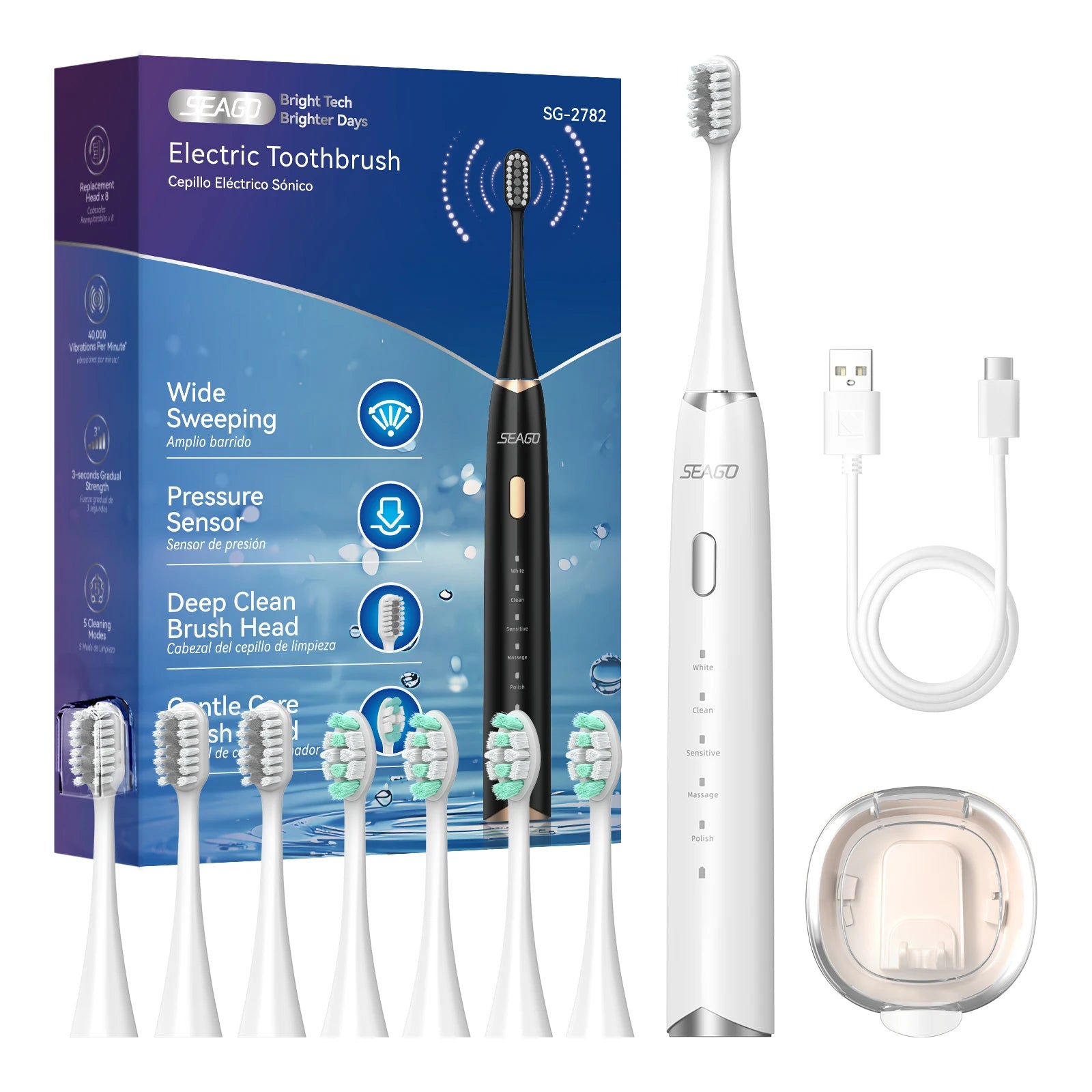 Electric Sonic Toothbrush – 8 Replacement Heads, Pressure Sensor & Timer