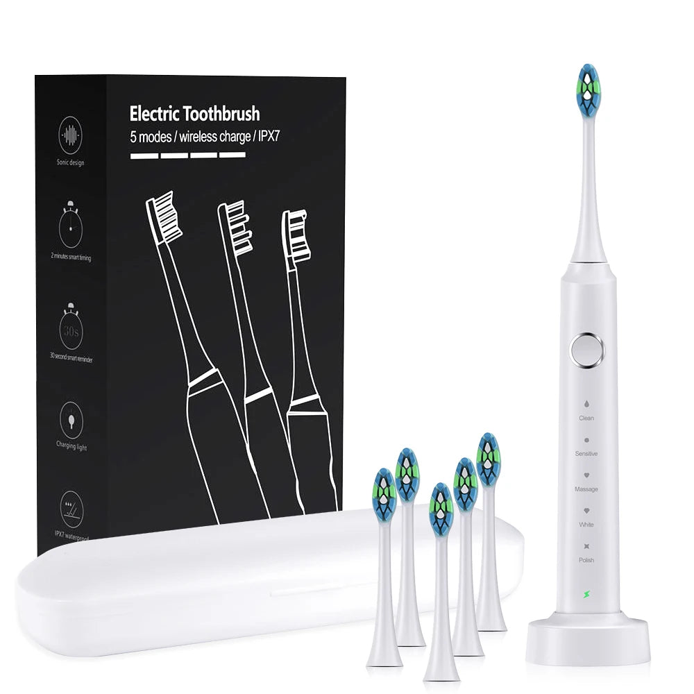 Electric Sonic Toothbrush with 6 Replacement Heads – Waterproof Design